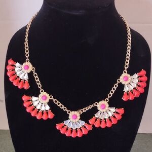 Gold Tone Statement Necklace with Coral and Fuchsia Stones